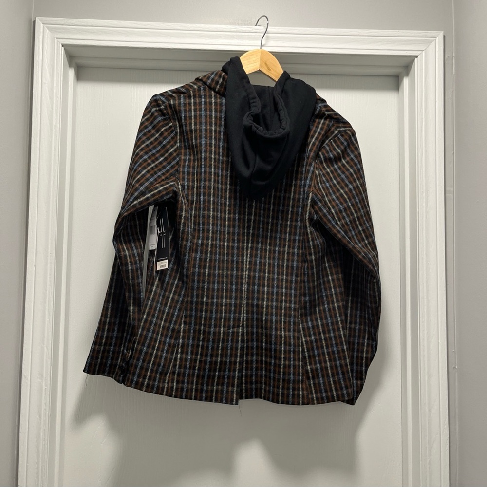 LIVERPOOL Women M Blazer Jacket Removable Hoodie Brown Tan Blue Plaid New Defect - Picture 2 of 16
